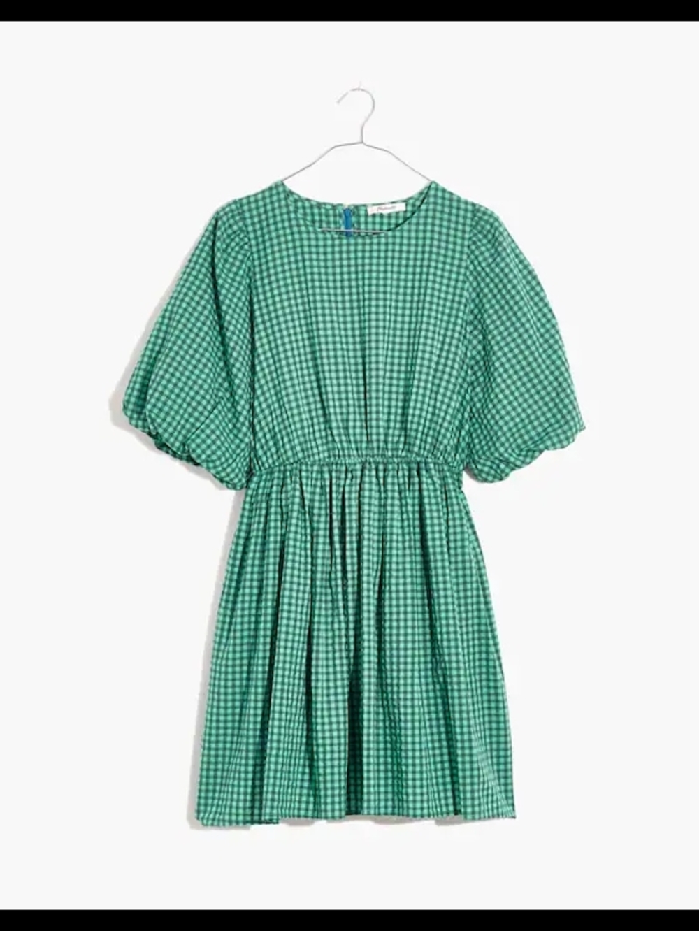 Gingham Crewneck Bubble-Sleeve Mini Dress Cotton